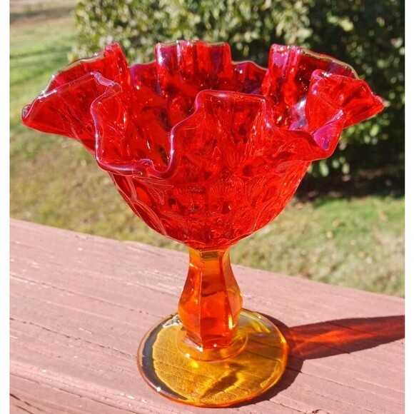 Vtg Fenton Fiery Amberina Ruffled Thumbprint Pedestal Compote Candy Dish Tagged - Picture 3 of 6